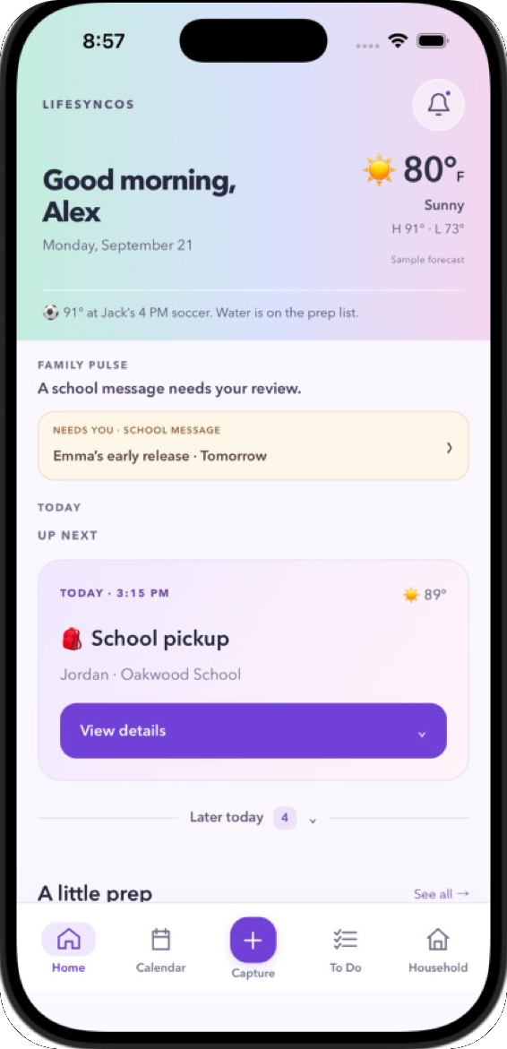 Tag Team Home screen: a mint gradient greeting banner with weather, a Family Pulse line, a school message that needs review, and the next event of the day