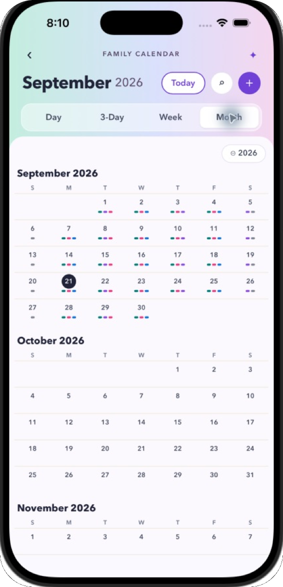 Month view with a continuously scrolling stack of months and coloured dots per day